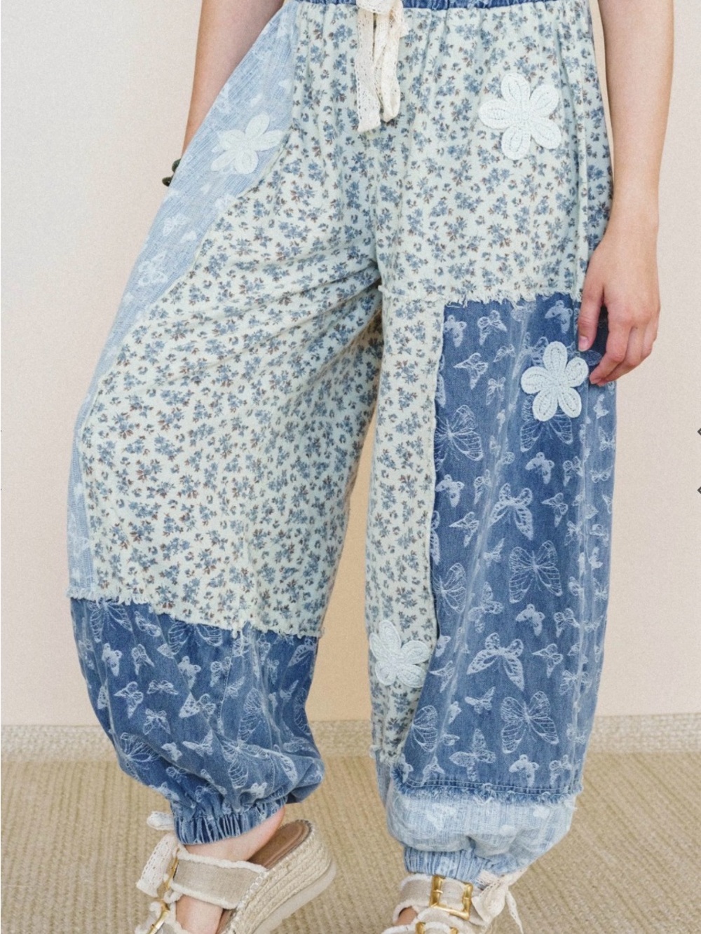 POL Boho Patchwork Floral Jogger Pants in Light Blue and Cream